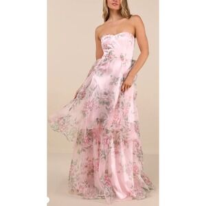 NWT Lulus Truly Extraordinary Pink Floral Organza Strapless Maxi Dress 1X